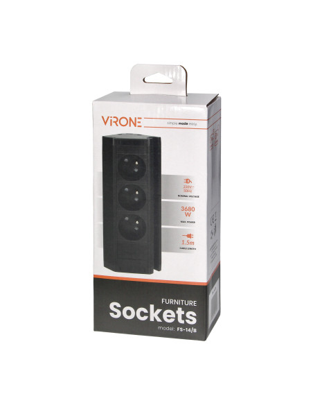 Potrójne gniazdo meblowe z uchwytem na telefon i przewodem 1,5m, 3x2P+Z, czarne