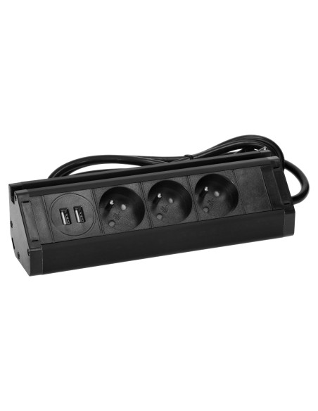 Potrójne gniazdo meblowe z uchwytem na telefon, ładowarką USB i przewodem 1,5m, 3x2P+Z,  2xUSB (typ A, 2,4A), czarne