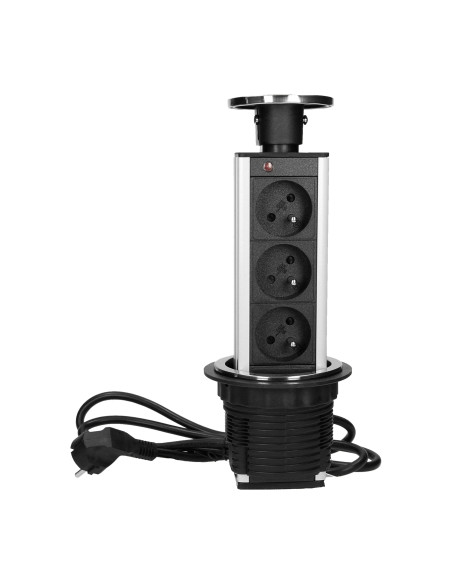 Gniazdo meblowe Ø8cm wysuwane z blatu, z maskownicą i przewodem 1,8m, 3x2P+Z, INOX