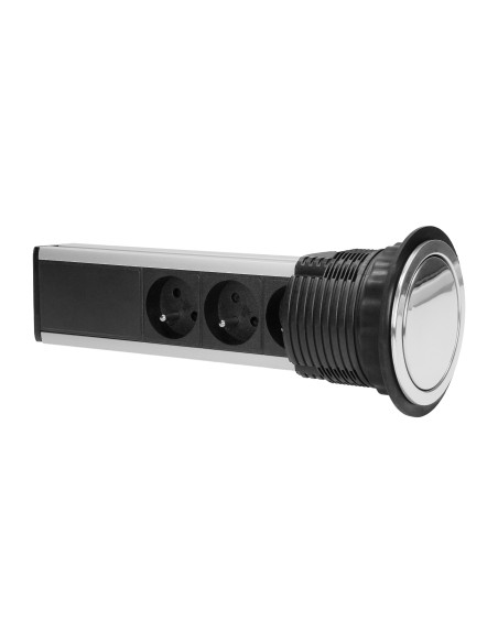 Gniazdo meblowe Ø8cm wysuwane z blatu, z maskownicą i przewodem 1,8m, 3x2P+Z, INOX