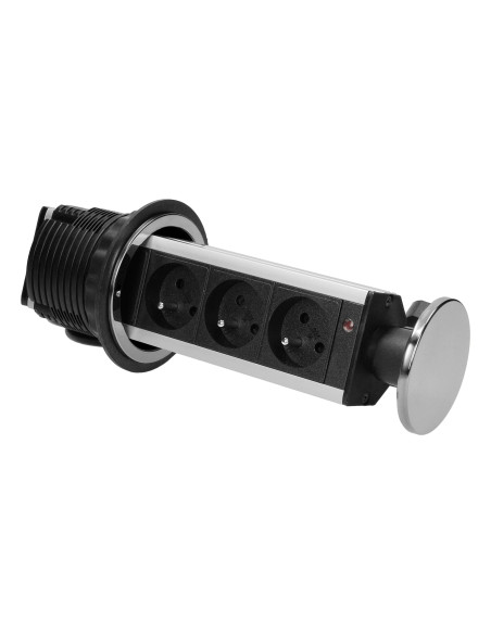 Gniazdo meblowe Ø8cm wysuwane z blatu, z maskownicą i przewodem 1,8m, 3x2P+Z, INOX