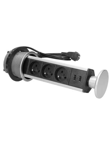 Gniazdo meblowe Ø8cm wysuwane z blatu z ładowarką USB i przewodem 1,8m, 3x2P+Z, 2xUSB