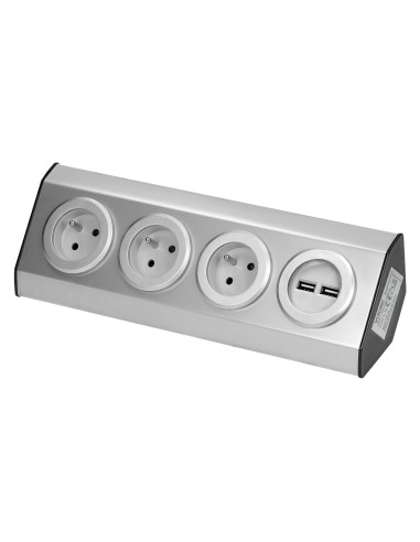 Gniazdo meblowe, kuchenne montowane na rzepy, z ładowarką USB - 3x2P+Z, 2xUSB, INOX.