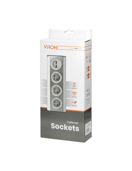  Gniazdo meblowe, kuchenne z ładowarką USB, montowane na rzepy z przewodem 1,5m i płaską wtyczką - 3x2P+Z schuko,...