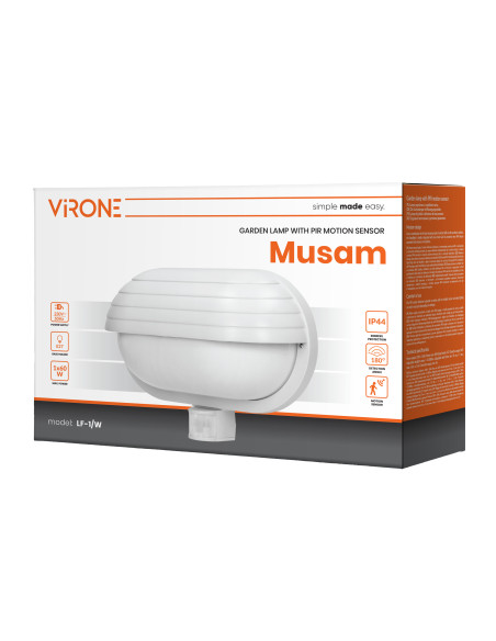 MUSAM, oprawa ogrodowa z czujnikiem ruchu 180st, 1x60W, E27, IP44, z przesłoną, plastik, biała