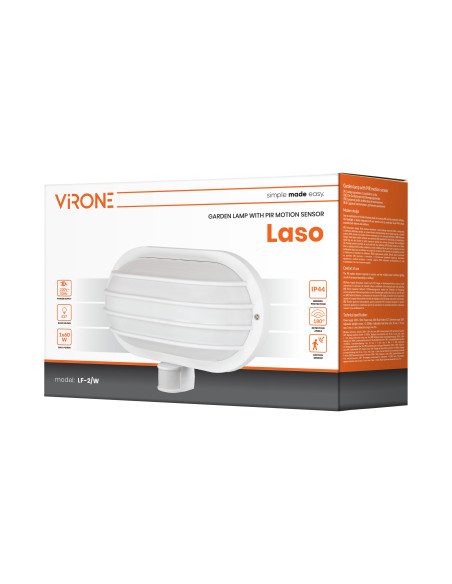 LASO, oprawa ogrodowa z czujnikiem ruchu 180°, 1x60W, E27, IP44, plastik, biała