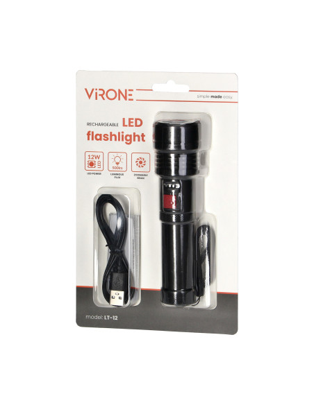 Taktyczna latarka ręczna LED COB 12W z funkcją zoom i akumulatorem 2200 mAh