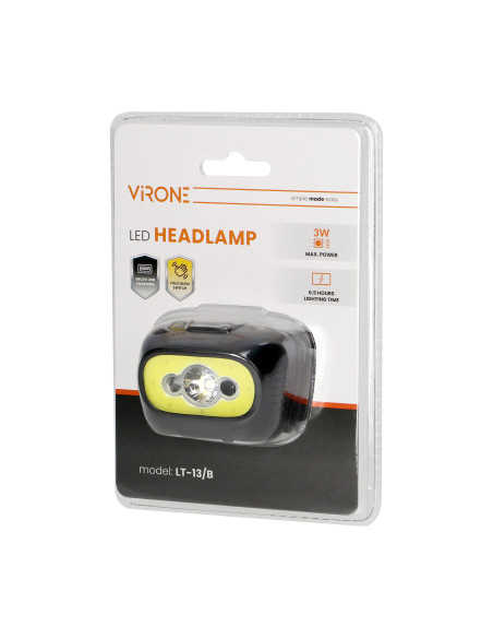 Latarka czołowa COB LED z czujnikiem ruchu, akumulatorowa, czarna