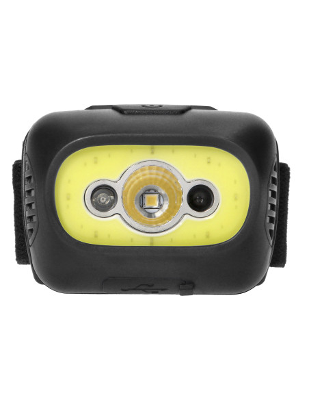 Latarka czołowa COB LED z czujnikiem ruchu, akumulatorowa, czarna