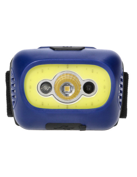 Latarka czołowa COB LED z czujnikiem ruchu, akumulatorowa, niebieska