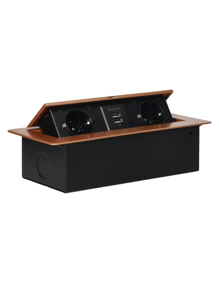 Gniazda meblowe wpuszczane w blat z płaskim frezowanym rantem i ładowarką USB, 2x2P+Z (Schuko), 2xUSB, złote