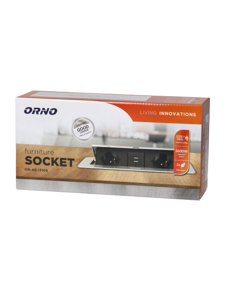 Gniazda meblowe wpuszczane w blat z płaskim frezowanym rantem i ładowarką USB, 2x2P+Z (Schuko), 2xUSB, grafit