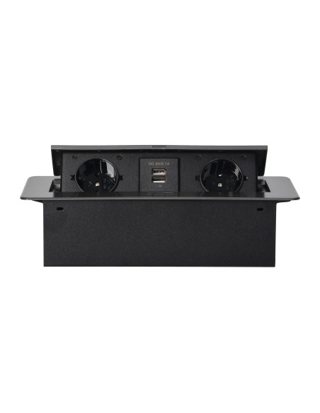 Gniazda meblowe wpuszczane w blat z płaskim frezowanym rantem i ładowarką USB, 2x2P+Z (Schuko), 2xUSB, grafit