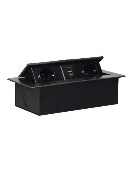 Gniazda meblowe wpuszczane w blat z płaskim frezowanym rantem i ładowarką USB, 2x2P+Z (Schuko), 2xUSB, grafit