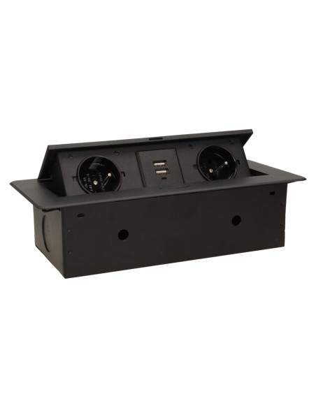 Gniazdo meblowe wpuszczane w blat z płaskim frezowanym rantem i ładowarką USB, 2x2P+Z, 2xUSB, czarny