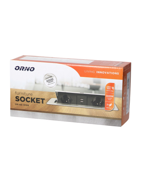 Gniazda meblowe wpuszczane w blat z płaskim frezowanym rantem i ładowarką USB, 2x2P+Z, 2xUSB, mosiądz