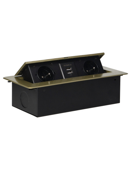 Gniazda meblowe wpuszczane w blat z płaskim frezowanym rantem i ładowarką USB, 2x2P+Z, 2xUSB, mosiądz