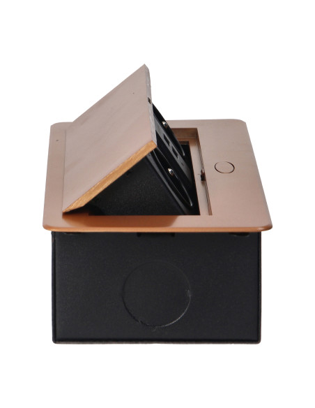 Gniazda meblowe wpuszczane w blat z płaskim frezowanym rantem i ładowarką USB, 2x2P+Z, 2xUSB, złote