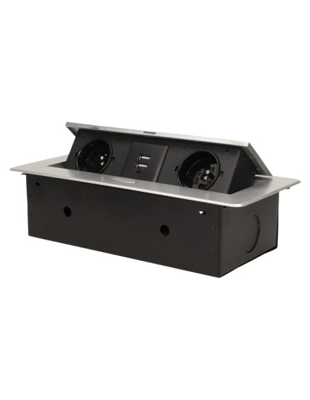 Gniazdo meblowe wpuszczane w blat z płaskim frezowanym rantem i ładowarką USB, 2x2P+Z, 2xUSB, srebrny