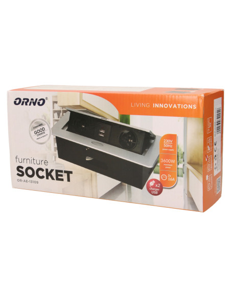 Gniazdo meblowe wpuszczane w blat z płaskim frezowanym rantem i ładowarką USB, 2x2P+Z, 2xUSB, srebrny