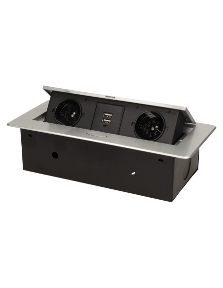 Gniazdo meblowe wpuszczane w blat z płaskim frezowanym rantem i ładowarką USB, 2x2P+Z, 2xUSB, srebrny
