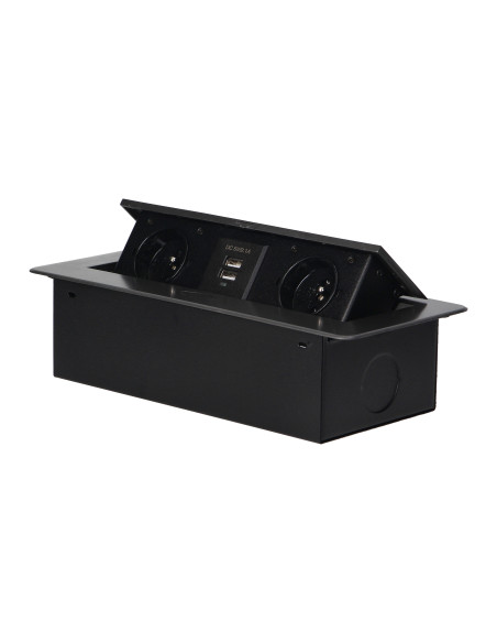 Gniazda meblowe wpuszczane w blat z płaskim frezowanym rantem i ładowarką USB, 2x2P+Z, 2xUSB, grafit