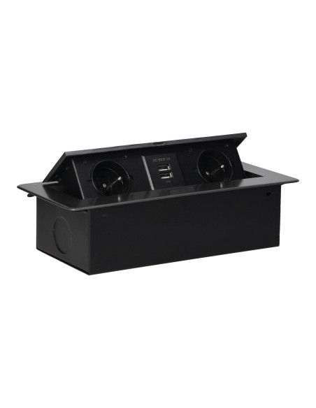 Gniazda meblowe wpuszczane w blat z płaskim frezowanym rantem i ładowarką USB, 2x2P+Z, 2xUSB, grafit