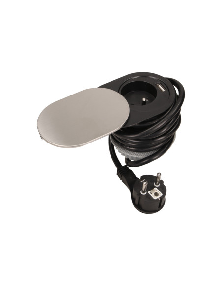  Gniazdo meblowe Ø6cm, wpuszczane w blat z przesuwną pokrywką, ładowarką USB i przewodem 1,9m, 1x2P+Z, 1xUSB (2,4A),...