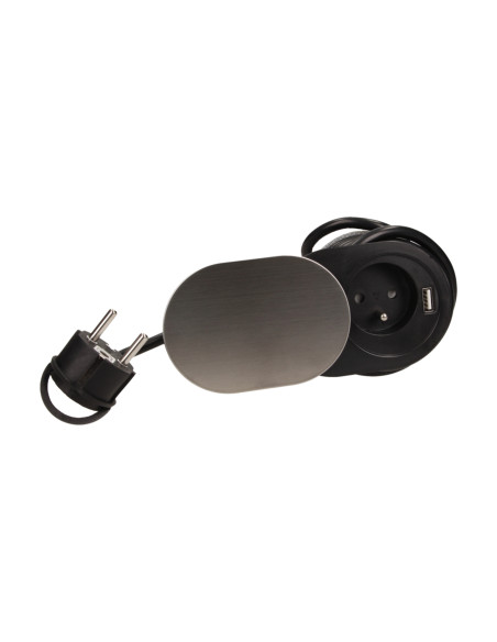  Gniazdo meblowe Ø6cm, wpuszczane w blat z przesuwną pokrywką, ładowarką USB i przewodem 1,9m, 1x2P+Z, 1xUSB (2,4A),...