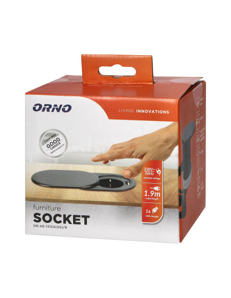  Gniazdo meblowe Ø6cm, czarne, wpuszczane w blat z przesuwną pokrywką, ładowarką USB i przewodem 1,9m, 1x2P+Z, 1xUSB...