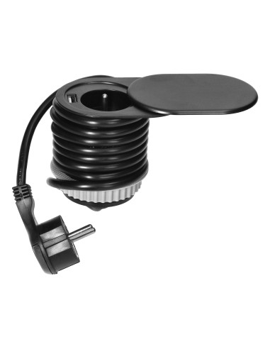  Gniazdo meblowe Ø6cm, czarne, wpuszczane w blat z przesuwną pokrywką, ładowarką USB i przewodem 1,9m, 1x2P+Z, 1xUSB...