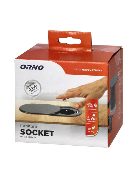  Gniazdo meblowe Ø6cm, czarne, wpuszczane w blat z przesuwną pokrywką, ładowarką USB i przewodem 1,9m, 1x2P+Z, 1xUSB...