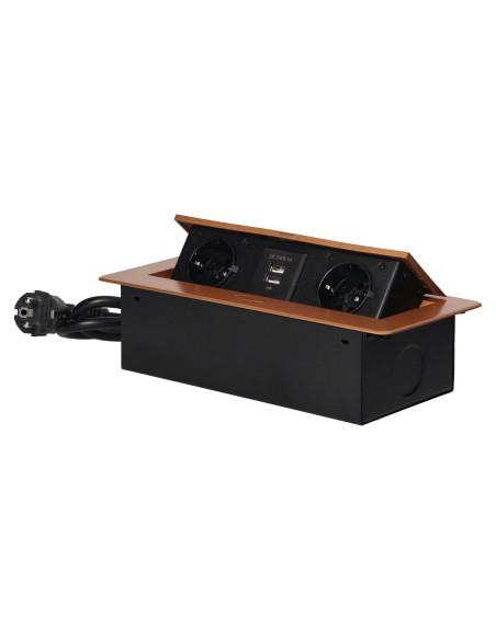  Gniazda meblowe wpuszczane w blat z płaskim frezowanym rantem, ładowarką USB i przewodem 1,5m, 2x2P+Z (Schuko),...