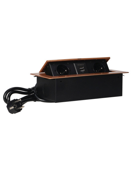 Gniazda meblowe wpuszczane w blat z płaskim frezowanym rantem, ładowarką USB i przewodem 1,5m, 2x2P+Z, 2xUSB, złote