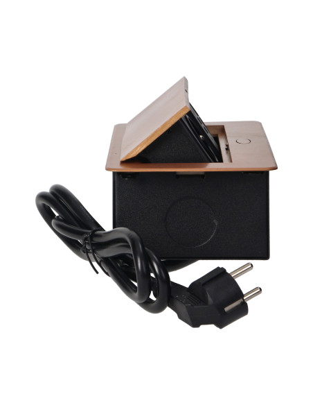 Gniazda meblowe wpuszczane w blat z płaskim frezowanym rantem, ładowarką USB i przewodem 1,5m, 2x2P+Z, 2xUSB, złote