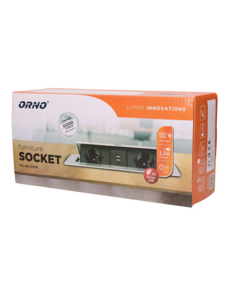 Gniazdo meblowe wpuszczane w blat z płaskim frezowanym rantem, ładowarką USB i przewodem 1,5m, 2x2P+Z, 2xUSB, srebrne