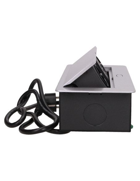 Gniazdo meblowe wpuszczane w blat z płaskim frezowanym rantem, ładowarką USB i przewodem 1,5m, 2x2P+Z, 2xUSB, srebrne