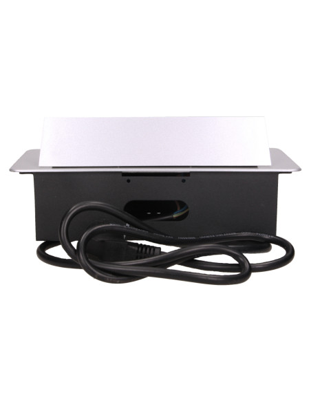 Gniazdo meblowe wpuszczane w blat z płaskim frezowanym rantem, ładowarką USB i przewodem 1,5m, 2x2P+Z, 2xUSB, srebrne
