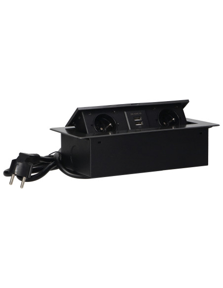  Gniazda meblowe wpuszczane w blat z płaskim frezowanym rantem, ładowarką USB i przewodem 1,5m, 2x2P+Z, 2xUSB,...