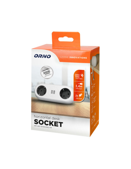  Gniazdo meblowe z uchwytem montażowym, ładowarką USB, 2 gniazda 2P+Z (Schuko), 2xUSB, przewód 3x1,5mm² - 1,4m,...