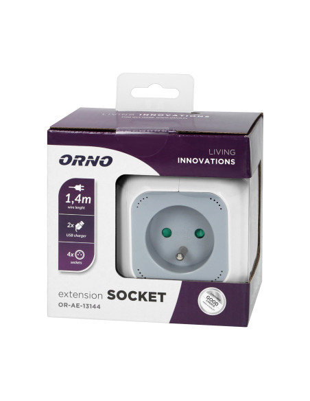 Przedłużacz 4 krotny 2P+Z, ładowarka 2xUSB, 1,4m H05VV-F 3x1mm², szaro-biały