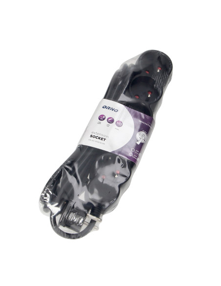 Przedłużacz 5-krotny 2P+Z, 3m H05VV-F 3x1,0mm², Imax 10A, płaska wtyczka, czarny