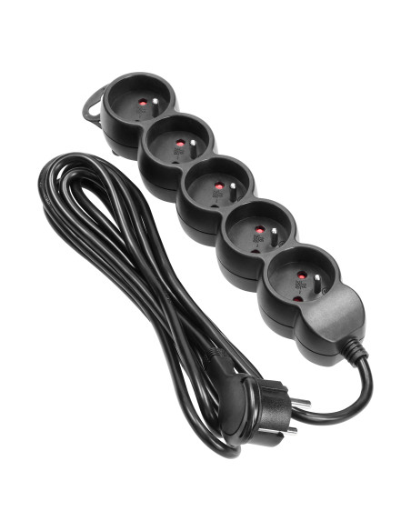 Przedłużacz 5-krotny 2P+Z, 3m H05VV-F 3x1,0mm², Imax 10A, płaska wtyczka, czarny