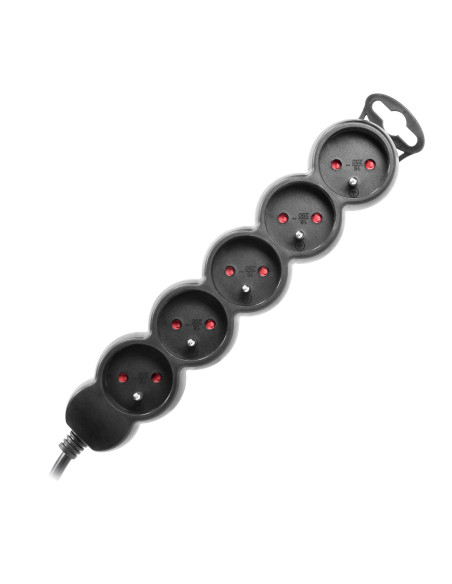 Przedłużacz 5-krotny 2P+Z, 3m H05VV-F 3x1,0mm², Imax 10A, płaska wtyczka, czarny