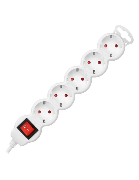 Przedłużacz 5-krotny 2P+Z z wyłącznikiem, 1,5m H05VV-F 3x1,0mm², Imax 10A, biały