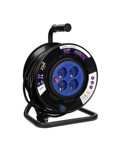  Przedłużacz bębnowy, 4 gniazda 2P+Z (schuko), kabel PVC H05VV-F 3x1,5mm², długość - 25m, STAŁE GNIAZDA, termik,...