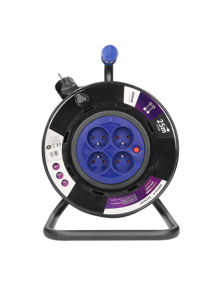  Przedłużacz bębnowy, 4 gniazda 2P+Z, kabel PVC H05VV-F 3x1,5mm², długość 25m, stałe gniazda, termik, przesłony...