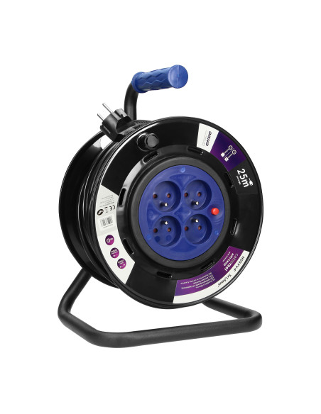  Przedłużacz bębnowy, 4 gniazda 2P+Z, kabel PVC H05VV-F 3x1,5mm², długość 25m, stałe gniazda, termik, przesłony...