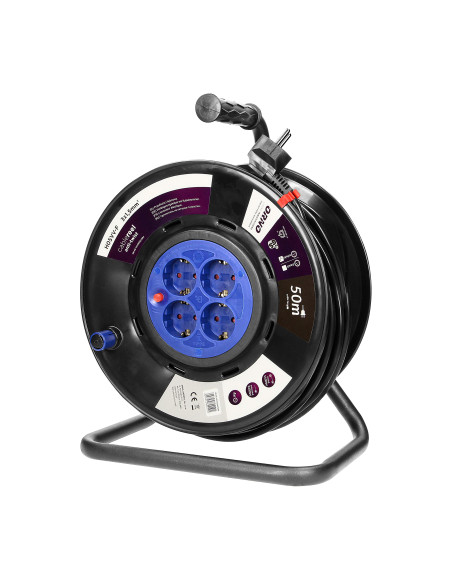  Przedłużacz bębnowy, 4 gniazda 2P+Z (schuko), kabel PVC H05VV-F 3x1,5mm², długość - 50m, STAŁE GNIAZDA, termik,...