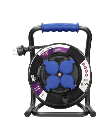  Przedłużacz bębnowy profesjonalny IP44, 4 gniazda 2P+Z, kabel gumowy olejoodporny, H07RN-F 3x2,5mm², długość 20m,...